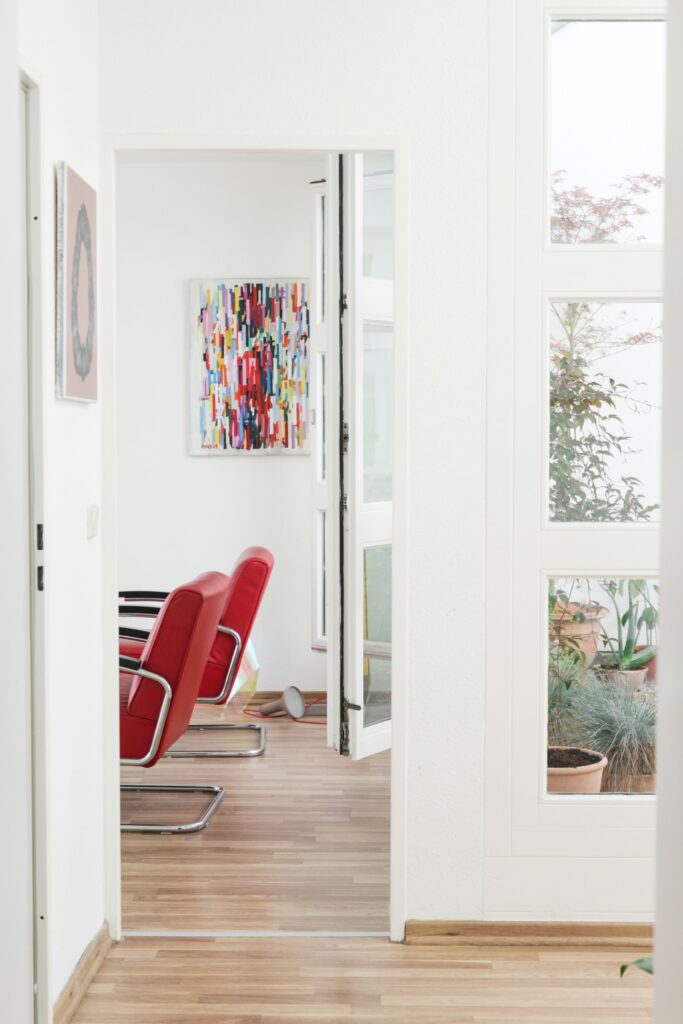 Armchair beside glazed patio doors