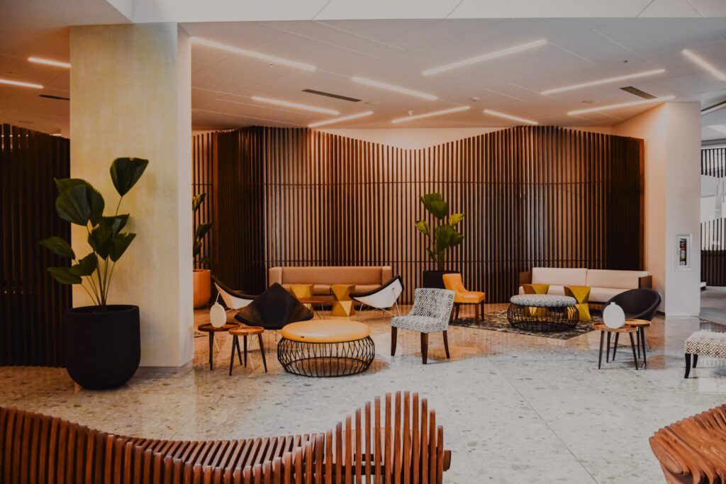 Hotel lobby with timber panelling