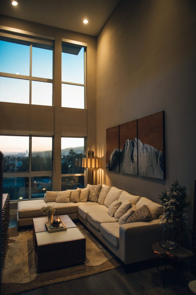 Chaise seating beside the window