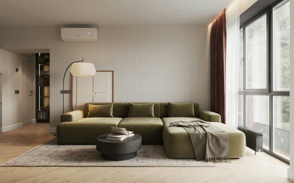 Lounge with upholstered sofa