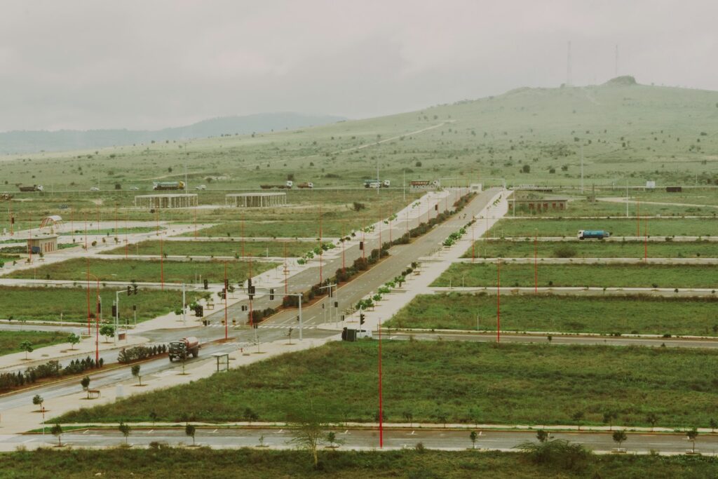 Development plots marked out across a grassed site