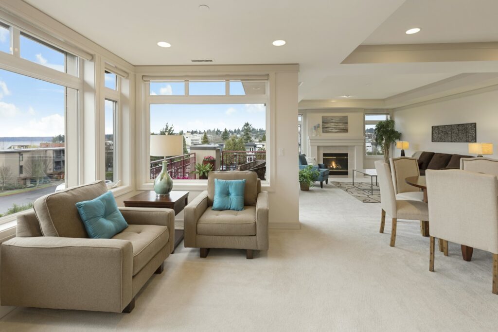 Living area with sofa and armchair