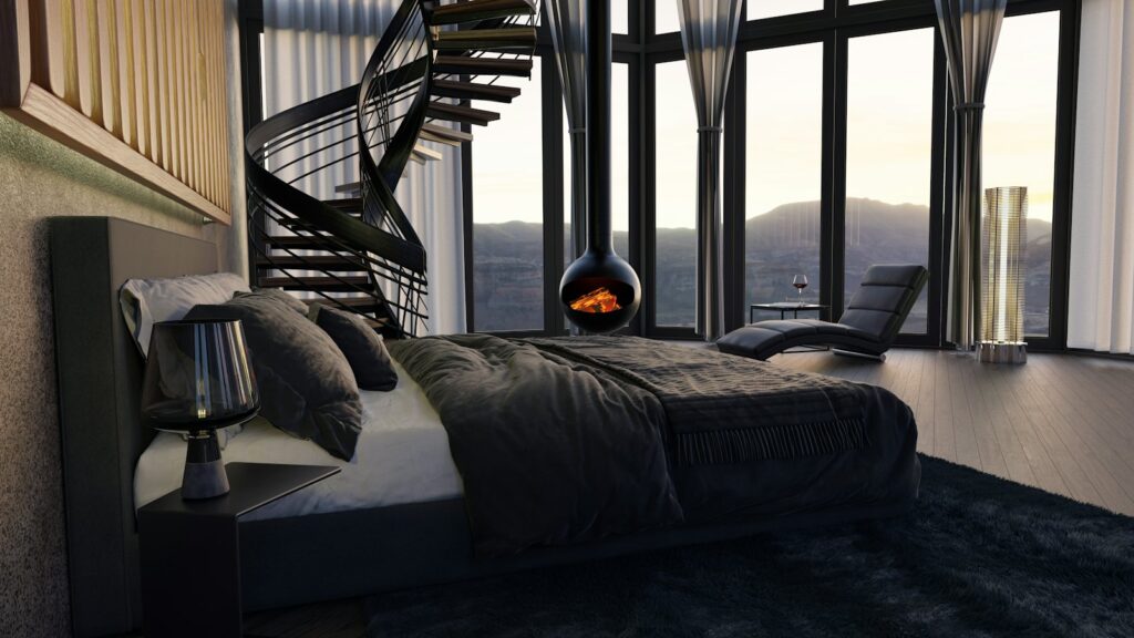Upper-floor bedroom with spiral stair