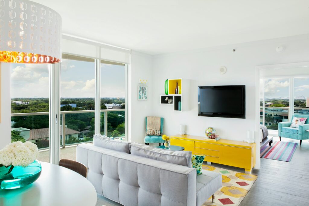 Furnished living room in neutral tones
