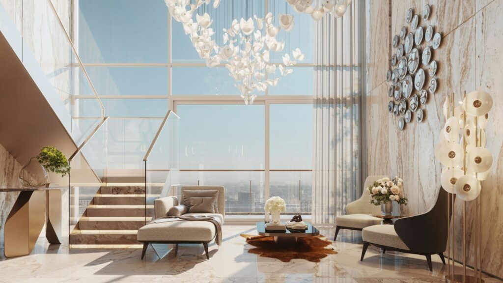 Double-volume living room with staircase