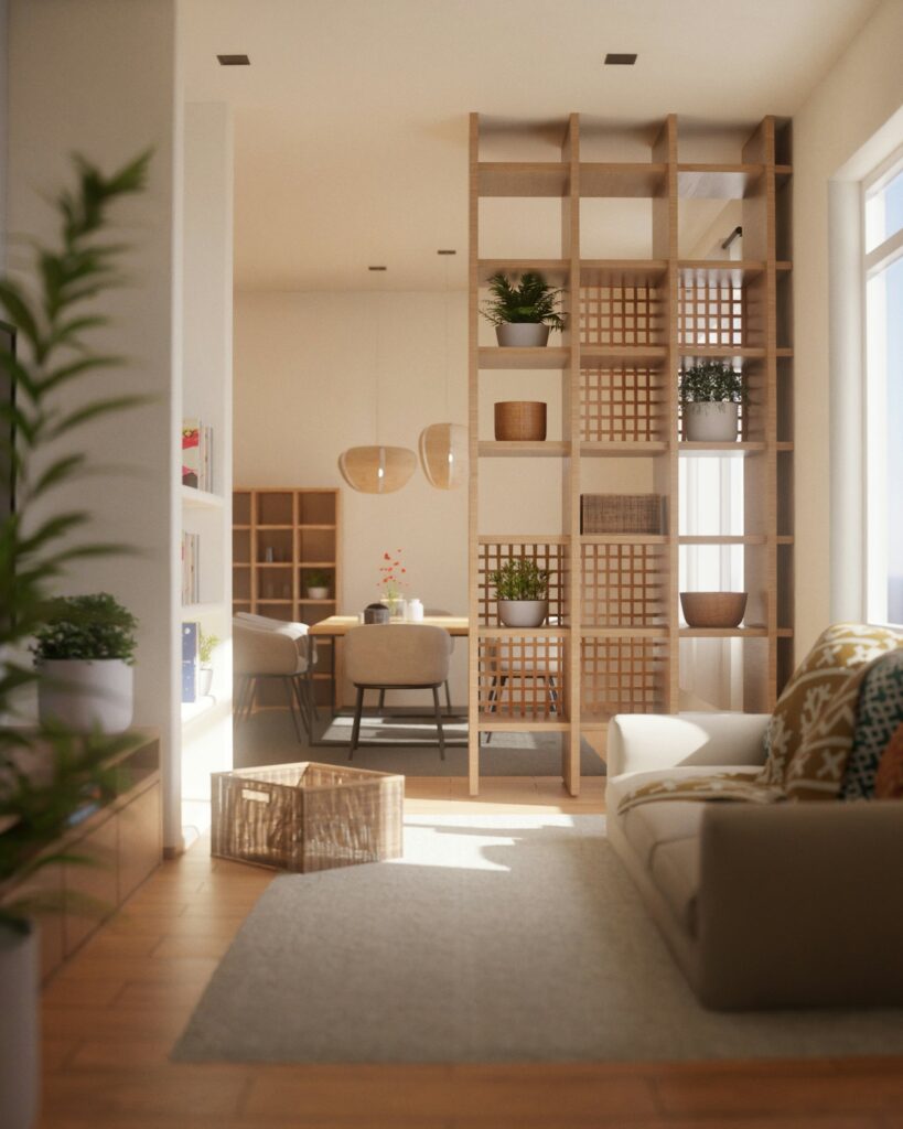 Living area with natural light and timber accents