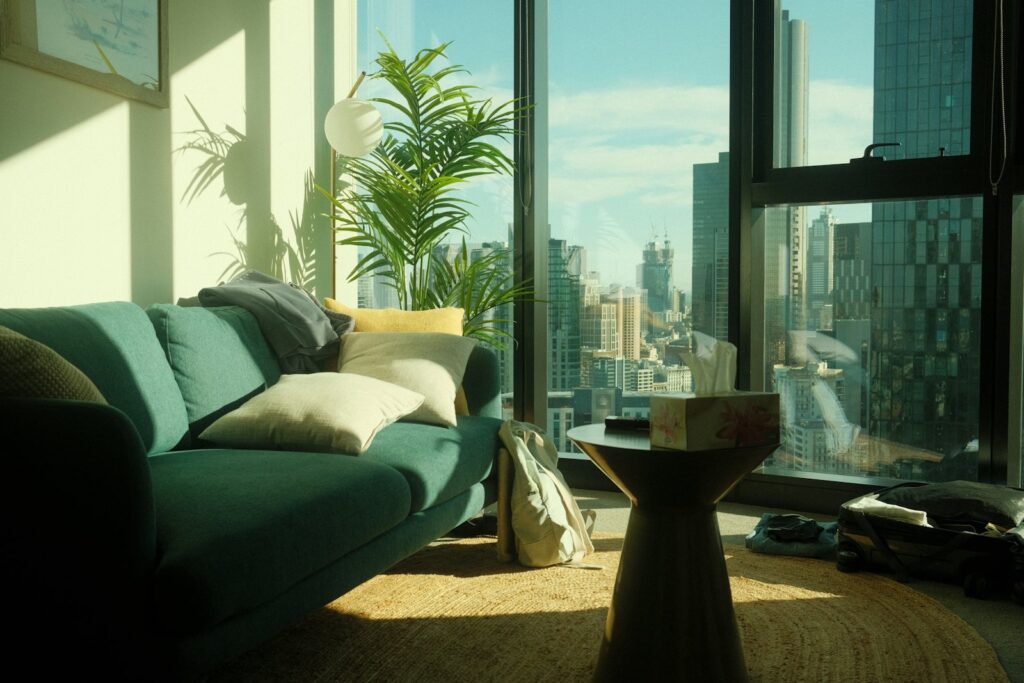Living room with floor to ceiling windows