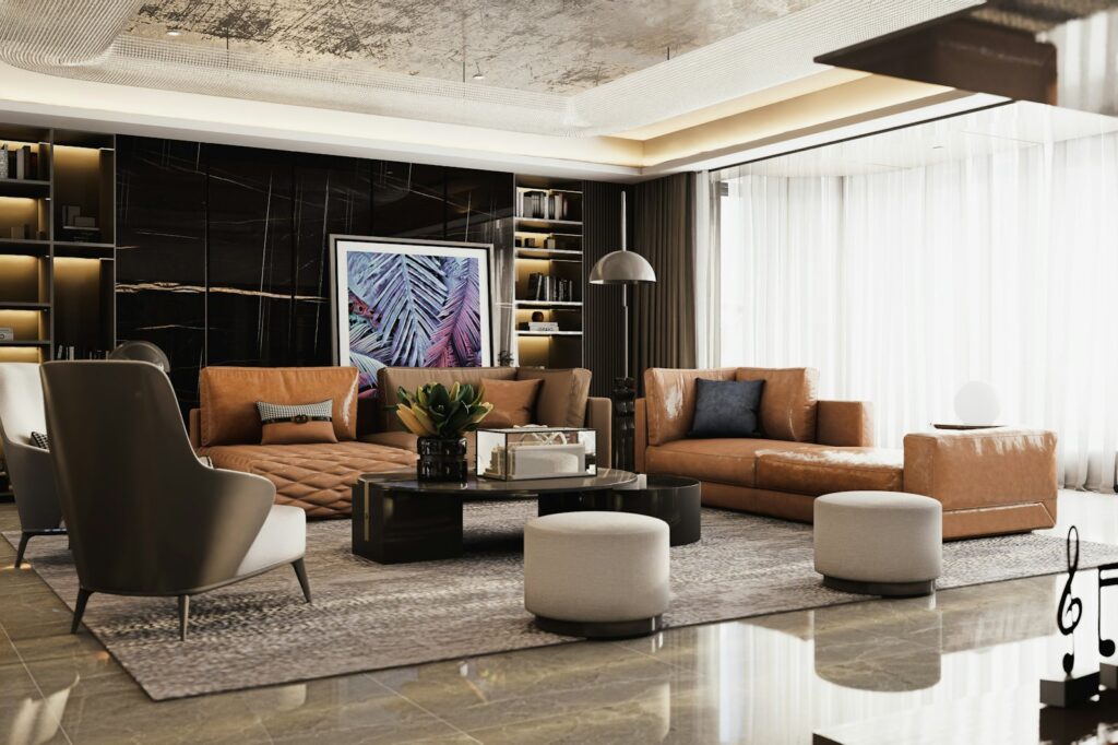 Living room with leather seating