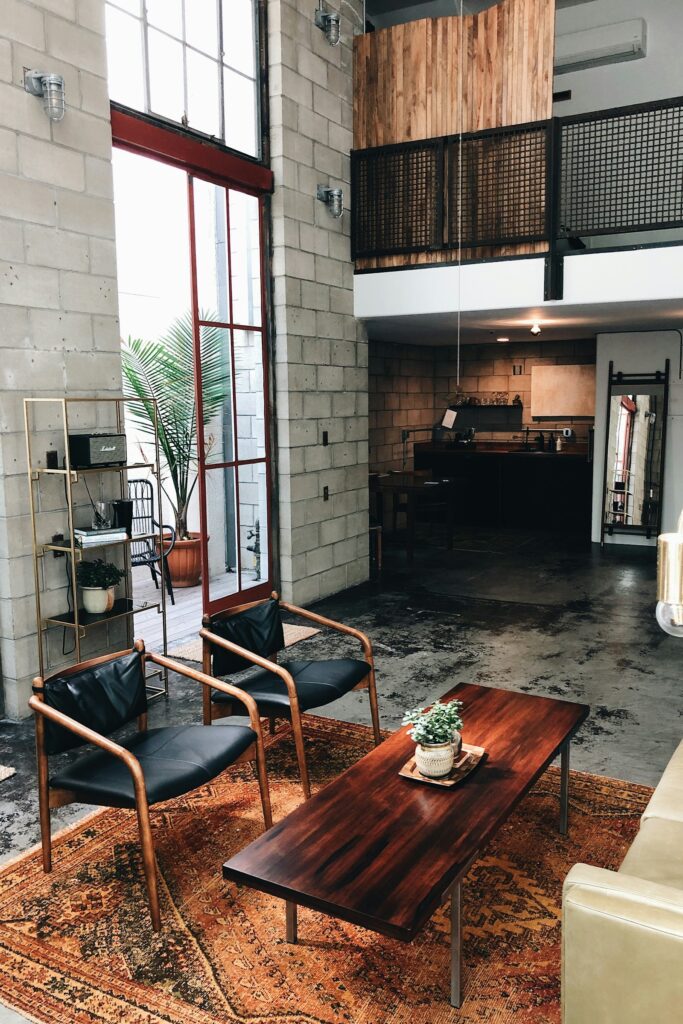 Study corner with timber desk and plant