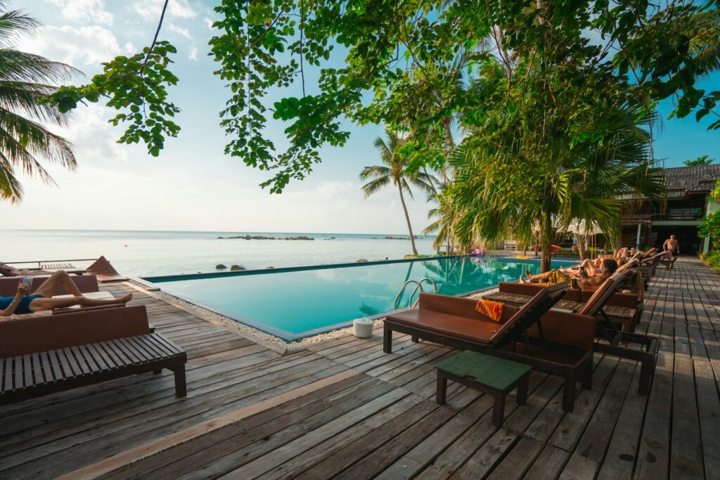 Timber deck dining beside the water